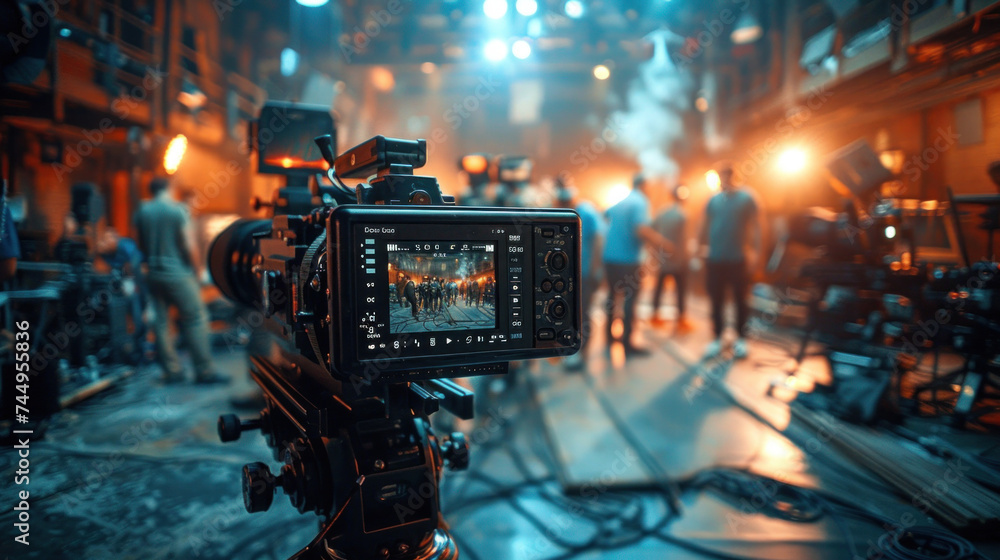 Behind the scenes of filming video production. film crew on the set in ...
