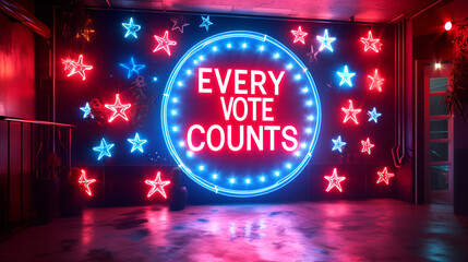 Wall Mural - Dramatic neon graphic display reading “EVERY VOTE COUNTS” - politics - television news - cable news - republican - democrat - bright colors - voting - polls - election coverage 