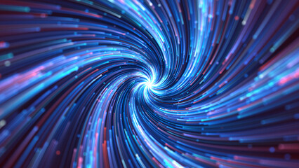 Wall Mural - Twisted lines converging into center while rotating. Blue particle light stripe rotating convergence, Galaxy space starry sky movement. Use for event, design, covers, visual art, advertisement.