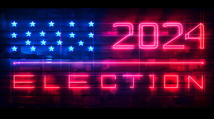 Wall Mural - Dramatic neon graphic display reading “2024 ELECTION” - politics - television news - cable news - republican - democrat - bright colors - voting - polls - election coverage 