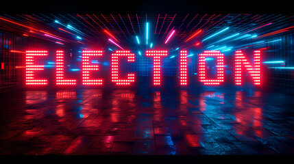 Wall Mural - Dramatic neon graphic display reading “ ELECTION” - politics - television news - cable news - republican - democrat - bright colors - voting - polls - election coverage 