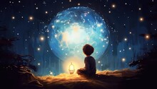 Boy Pulled The Big Bulb Half Buried In The Ground Against Night Sky With Stars And Space