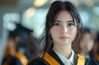 Chica adolescente el dia de su graduacion con toga negra y estola amarilla al fondo con efecto bokeh sus compañeros