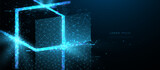 Fototapeta Panele - Block chain network connections technology. Cube and box from lines and triangles, point connecting network on blue background. Illustration vector