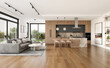 © Василь Чейпеш - Open space living room and kitchen interior with large windows, gray sofa, dining table and hardwood flooring. Modern design solution, 3d rendering