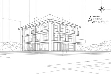 3d illustration abstract urban building out-line drawing of imagination architecture building constr