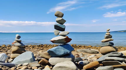 Wall Mural - Display a coastal landscape with stones contrasting against the blue sea.