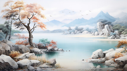 Wall Mural - Display a serene lake scene adorned with smooth, multicolored stones.