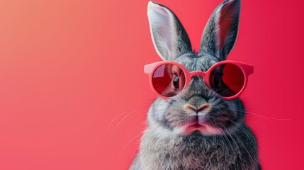 Abstract clip art of a smiling rabbit wearing trendy sunglasses. Cool bunny with sunglasses on a colorful pink background. Contemporary colorful background with copy space. For posters, planners, illu