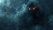 A mysterious djinn grim reaper emerging from smoke glowing eyes piercing through the darkness