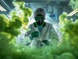 A toxicologist in a lab coat and gas mask surrounded by swirling green toxic smoke in a lab