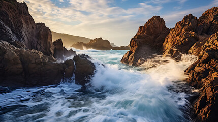 Canvas Print - Find an image of rugged coastal rocks battered by ocean waves.