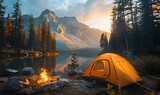 Fototapeta  - A picturesque camping site in nature with tents and campfire, forest, lake, mountain, generated by AI