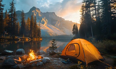 a picturesque camping site in nature with tents and campfire, forest, lake, mountain, generated by a