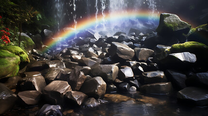 Wall Mural - Find an image of stones near a waterfall with a rainbow in the mist.