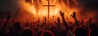 Happy Easter concept. Christian worship with raised hand in front of the cross background. 