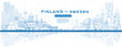 Outline Finland and Sweden skyline with blue buildings and reflections. Famous landmarks. Sweden and Finland concept. Diplomatic relations between countries.