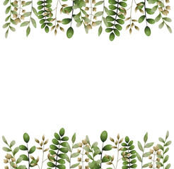 Wall Mural - Greeting card template with floral blooming flowers and leaves border. Spring botanical