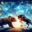 Bulle und Bär kämpfen gegeneinander. Im Hintergrund die Weltkarte, Münzen, Währungen und Börsencharts.