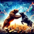 Bulle und Bär kämpfen gegeneinander. Im Hintergrund die Weltkarte, Münzen, Währungen und Börsencharts.