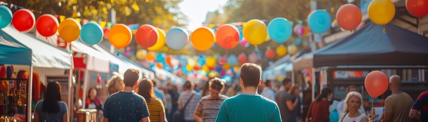 Street food and market during Victoria Day, community festival, balloons, flags, diverse, joyful public holiday.