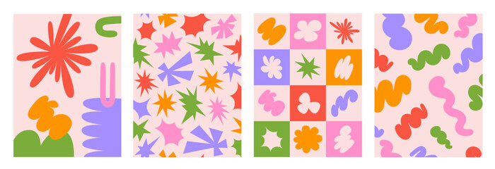 Fototapete - Abstract retro set colorful backgrounds with naive playful shapes on a beige background. Trendy vector illustration