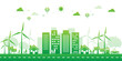 © Yellow duck - green city ecology environment and renewable energy on white background. lanscape sustainable building solar panel and wind turbine. save the world with eco-friendly. vector illustration flat.