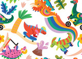 Fototapeta  - Seamless pattern. Colourful cartoon dinosaurs ride on skates, rollers and bicycle in the park