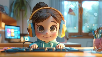 Wall Mural - Kawaii podcasting girl in modern 3D animation style