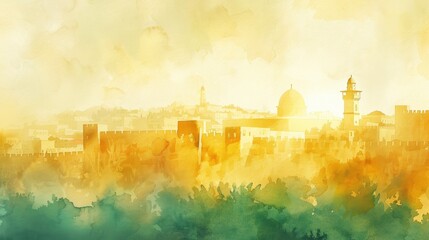 Watercolor green islamic architecture Landscape