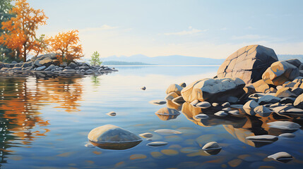 Wall Mural - Present a serene lake scene with stones casting reflections on calm water.