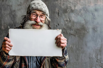 Wall Mural - A mythical drunk holds a white sign with a legendary expression on his face