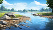 Present a tranquil riverbank with stones and gentle ripples in the water.