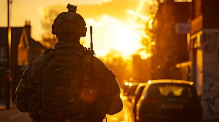 Silhouette of a soldier patrolling at sunset in urban setting. military presence in city during golden hour. evocative and powerful imagery. AI