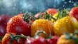 Macro of dew-kissed tomatoes and peppers, intricate details highlighted, a feast for the eyes 
