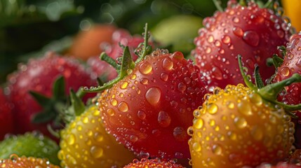 Wall Mural - Macro of dew-kissed tomatoes and peppers, intricate details highlighted, a feast for the eyes 