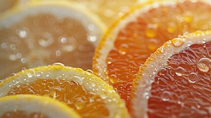 Wall Mural - Macro shot of citrus fruits, glistening with water droplets, vivid colors, and textures in sharp detail 