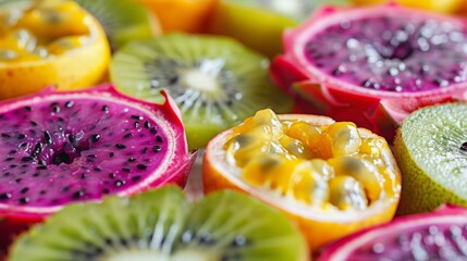 Wall Mural - Macro shot of juicy tropical fruits, detailed textures of dragon fruit, kiwi, and passion fruit slices