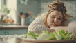 plus size woman looking at a plate of lettuce