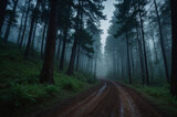 Fototapeta  - dirt road in the forest at night landscape