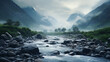 Show me a captivating view of stones in a mountain stream with a misty backdrop.