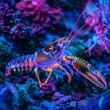 Vibrant neon lobster scuttling along a neon painted seabed