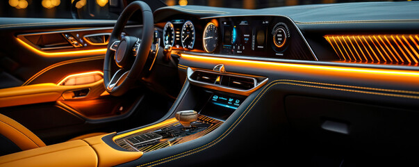 Luxurious modern car interior with elegant leather and ambient lighting, showcasing sophisticated dashboard design and high-end vehicle craftsmanship