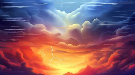Thunderstorm Lightning Dark Stormy Sky. Red, Yellow, Blue Dramatic Sky Glowing Background Depicting Various Weather Conditions. Bright Sun, Sunset, Night, and Weather Forecast Concept