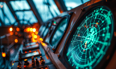Wall Mural - Advanced maritime navigation radar screen glowing in a dimly lit ship's bridge, highlighting the sophisticated technology used for marine travel