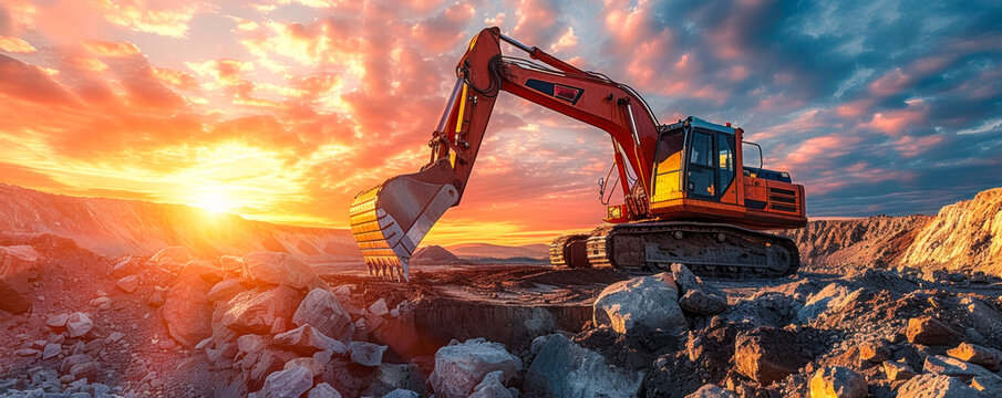 industrial excavator on construction site against a vibrant sunset, depicting heavy machinery at wor