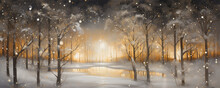 Winter wide banner. trees covered with snow on frosty evening and night scene.