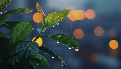 Wall Mural - rain drops on leaves