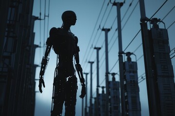 Wall Mural - AI shadow standing tall beside data towers