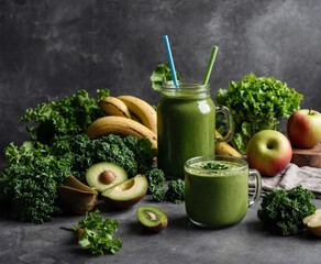 Glass jar mugs with green health smoothie, kale leaves, lime, apple, kiwi, grapes, banana, avocado, lettuce. Copy space. Raw, vegan, vegetarian, alkaline food concept. Banner.